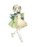  1girl :d bow bowtie brown_bow capelet dairoku_ryouhei dress full_body green_bow green_capelet green_dress green_eyes hair_bow hand_up hokonko long_sleeves looking_at_viewer muguet_blanche pantyhose short_hair smile solo standing white_pantyhose yellow_footwear 
