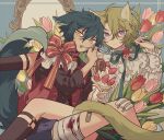  2boys animal_ears bad_id bad_pixiv_id bandaged_leg bandages bandaid bandaid_on_leg blood blue_hair closed_mouth collar collared_shirt crepe doughnut eating ensemble_stars! fang flower food food_on_face frilled_sleeves frills gauze_on_knee green_hair green_ribbon hair_between_eyes hand_up highres holding holding_food holding_spoon jacket kemonomimi_mode kneehighs long_sleeves looking_at_viewer male_focus meremero multiple_boys neck_ribbon open_mouth pink_flower pink_tulip red_collar red_flower red_jacket red_tulip ribbon sazanami_jun shirt short_hair sitting socks spiked_collar spikes spoon tail tomoe_hiyori tulip violet_eyes white_shirt wolf_boy wolf_ears wolf_tail yellow_eyes yellow_flower 