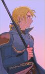  1boy armor blonde_hair blue_cape blue_eyes blue_ribbon blue_shirt breastplate cape closed_mouth earrings edgar_roni_figaro final_fantasy final_fantasy_vi garbage_paper gradient_background hair_ribbon highres holding holding_polearm holding_weapon jewelry long_hair low_ponytail male_focus multi-tied_hair parted_bangs polearm popped_collar profile ribbon shirt shoulder_armor sleeves_past_wrists smile solo upper_body waist_sash weapon 