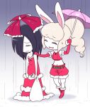  2girls ameonna_(youkai_watch) animal_ears black_hair breasts closed_eyes hair_over_one_eye holding holding_umbrella midriff multiple_girls navel nollety open_mouth rabbit_ears rabbit_girl rain sack shorts snowrabby umbrella youkai_(youkai_watch) youkai_watch youkai_watch_world 