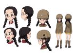  1girl boots braid chi-hatan_military_uniform concept_art fukuda_haru girls_und_panzer helmet knee_boots miniskirt multiple_views official_art pleated_skirt rimless_eyewear round_eyewear simple_background skirt twin_braids white_background yellow_skirt 