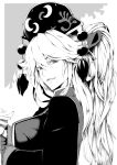 1girl breasts crescent_print from_side greyscale grin highres junko_(touhou) kikoka_(mizuumi) large_breasts long_hair long_sleeves looking_at_viewer monochrome phoenix_crown pom_pom_(clothes) portrait smile solo touhou wide_sleeves 