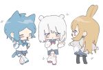  3girls :3 animal_ears arm_warmers bear_ears bear_girl black_eyes black_thighhighs blonde_hair blue_hair blue_ribbon blue_sailor_collar blue_shorts blue_skirt blush_stickers cat_ears cat_tail chibi chiikawa chiikawa_(character) closed_eyes commentary_request dancing eguwi full_body grey_hoodie gym_shorts hachiware_(chiikawa) highres hood hood_down hoodie layered_sleeves leg_warmers long_hair long_sleeves looking_at_viewer looking_to_the_side medium_hair multiple_girls neck_ribbon open_mouth outstretched_arms personification pleated_skirt rabbit_ears rabbit_girl rabbit_tail red_ribbon ribbon sailor_collar school_uniform serafuku shirt short_over_long_sleeves short_sleeves shorts shorts_under_skirt simple_background skirt smile spread_arms tail thigh-highs usagi_(chiikawa) white_background white_hair white_shirt 