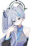  0ver_sd 1girl animal_ear_fluff animal_ears bare_shoulders black_sleeves blue_archive blue_eyes blue_nails blush breasts closed_mouth collared_shirt cosplay dark_halo detached_sleeves extra_ears fingernails grey_hair grey_shirt halo hatsune_miku hatsune_miku_(cosplay) highres long_hair looking_at_viewer medium_breasts meme mismatched_pupils nail_polish shiroko_(blue_archive) shiroko_terror_(blue_archive) shirt side_ponytail sidetail_miku_noodle_stopper_(meme) simple_background solo upper_body vocaloid white_background wolf_ears 