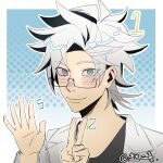  1boy absurdres black_shirt blue_eyes chinese_commentary closed_mouth commentary_request dated dbhid glasses hand_gesture highres kanou_aogu long_sleeves male_focus open_clothes portrait rectangular_eyewear saibou_shinkyoku semi-rimless_eyewear shirt short_hair smile solo white_hair 