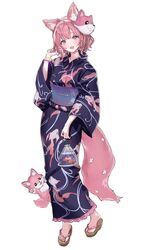  1girl alternate_costume animal_ear_fluff animal_ears animal_on_leg animal_print antenna_hair bag bagged_fish blush brown_footwear character_mask collarbone commentary_request earrings fang fingernails fish fish_print flower full_body goldfish green_wristband hakui_koyori highres holding holding_bag hololive japanese_clothes jewelry kimono kokoro_(hakui_koyori) long_sleeves looking_at_viewer mask mask_on_head medium_hair nail_polish no_socks official_alternate_hairstyle open_mouth pink_hair pink_nails pink_wristband print_kimono purple_kimono purple_sash sandals sash simple_background sleeves_past_elbows smile tail tail_flower tail_ornament toenail_polish toenails toes twirling_hair uouokuma violet_eyes virtual_youtuber white_background wide_sleeves wolf_ears wolf_girl wolf_mask wolf_tail yukata 