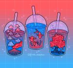  blue_background blue_clouds bubble crescent_moon cup disposable_cup drink drinking_straw emily_kim falling_petals fish flower food_focus gradient_background grid_background highres lid limited_palette liquid moon no_humans original petals red_background red_clouds red_flower red_petals sparkle tree volcano whorled_clouds 