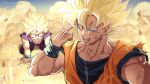  2boys aka_nobodyy all_fours blonde_hair blue_shirt dougi dragon_ball dragon_ball_z father_and_son finger_on_forehead goku_day green_eyes highres looking_at_another male_focus multiple_boys muscular muscular_male open_mouth orange_shirt purple_shirt shirt son_goku spiky_hair super_saiyan super_saiyan_1 super_saiyan_2 surprised teeth twitter_username upper_body 