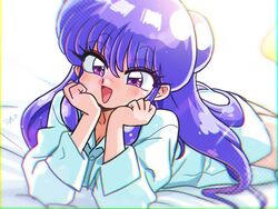  arm_support artist_name barefoot blurry collarbone depth_of_field double_bun hair_bun legs_up long_hair looking_at_viewer lying nightgown on_stomach open_mouth purple_hair ranma_1/2 shampoo_(ranma_1/2) smile the_pose violet_eyes wanta_(futoshi) 