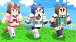  3girls animal_ears blue_hair brown_hair cesario_(umamusume) clouds commentary_request grass hair_between_eyes hair_ornament highres horse_ears horse_tail king_halo_(umamusume) minecraft multiple_girls narumi_yuzurai rhein_kraft_(umamusume) running sky sleeveless tail thigh-highs umamusume violet_eyes 