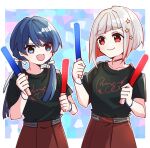  2girls :d black_shirt blue_background blue_eyes blue_hair blue_ribbon bob_cut border brown_skirt closed_mouth collarbone colored_inner_hair commentary_request dark_blue_hair diagonal_bangs dollchestra glowstick grey_hair hair_ornament hair_ribbon hands_up hasu_no_sora_school_uniform highres holding_glowstick inverted_bob kanduki_kamibukuro link!_like!_love_live! long_hair looking_at_another love_live! low_twintails mole mole_on_neck mosaic_background multicolored_background multicolored_hair multiple_girls murano_sayaka open_mouth outside_border penlight_(glowstick) pink_background pleated_skirt purple_background red_eyes redhead ribbon school_uniform shirt short_hair short_sleeves skirt smile star_(symbol) star_hair_ornament streaked_hair t-shirt twintails virtual_youtuber white_border winter_uniform yugiri_tsuzuri 