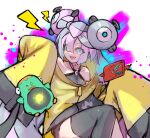  1girl 2u3ep033 :d bare_shoulders bellibolt blue_hair bow-shaped_hair character_hair_ornament hair_between_eyes hair_ornament highres iono_(pokemon) jacket looking_at_viewer multicolored_hair open_mouth pink_hair pokemon pokemon_(creature) pokemon_sv rotom rotom_phone sharp_teeth single_thighhigh sleeves_past_fingers sleeves_past_wrists smile teeth thigh-highs twintails two-tone_hair upper_teeth_only yellow_jacket 