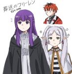 1boy 2girls absurdres black_coat capelet closed_eyes closed_mouth coat delfuze dress earrings fern_(sousou_no_frieren) frieren green_eyes grey_capelet grey_dress grey_hair highres jewelry multiple_girls notice_lines pointy_ears purple_hair redhead simple_background smile sousou_no_frieren stark_(sousou_no_frieren) twintails violet_eyes white_background 