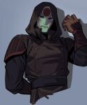  1boy amon_(legend_of_korra) avatar_legends cropped_legs dark-skinned_male dark_skin facing_viewer hand_up highres hood hood_up male_focus mask simple_background solo the_legend_of_korra vita-divata 