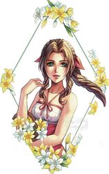  1girl aerith_gainsborough bare_arms bare_shoulders braid braided_ponytail breasts brown_hair closed_mouth dress final_fantasy final_fantasy_vii flower green_eyes hair_ribbon halter_dress halterneck holding holding_flower hollypolllyy kingdom_hearts kingdom_hearts_ii lily_(flower) long_hair looking_at_viewer medium_breasts nomura_tetsuya_(style) official_alternate_costume parted_bangs pink_dress portrait red_ribbon ribbon sidelocks signature single_braid solo two-tone_dress upper_body wavy_hair white_dress white_flower yellow_flower 