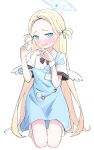  1girl absurdres apron badge black_bow black_bowtie blonde_hair blue_apron blue_archive blue_eyes blue_halo blue_ribbon blush bow bowtie button_badge collared_shirt commentary_request forehead full_body furrowed_brow hair_ribbon halo hands_up head_tilt highres id_card kneeling long_hair looking_at_viewer morphling_(artist) open_mouth parted_bangs pen_in_pocket ribbon shirt short_sleeves simple_background socks solo sora_(blue_archive) straight_hair strap_slip striped_bow striped_bowtie striped_clothes sweatdrop thick_eyelashes thighs two_side_up very_long_hair wavy_mouth white_background white_shirt white_socks white_wings white_wristband wings wristband 