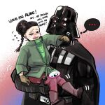  1boy 1girl 1other black_cape blush boots cape child crying darth_vader father_and_daughter helmet highres obi-wan_kenobi_(disney+) princess_leia_organa_solo robot sarlydro_l star_wars 