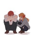  1boy 1girl black_thighhighs blue_skirt blush bow brown_footwear comforting commentary_request covering_face crossed_arms embarrassed full_body gekkan_shoujo_nozaki-kun grey_jacket hair_between_eyes hair_bow highres hugging_own_legs jacket long_hair looking_at_another mikoshiba_mikoto open_mouth orange_hair red_eyes redhead sakura_chiyo school_uniform shirt short_hair simple_background skirt smile squatting ss023xx sweatdrop tearing_up tears thigh-highs violet_eyes white_background white_shirt 