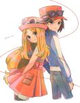  1boy 1girl back-to-back black_eyes black_hair black_shirt blonde_hair blue_eyes blue_jacket blue_pants blush calem_(pokemon) closed_mouth commentary_request hat highres jacket long_hair looking_at_viewer pants pocket pokemon pokemon_xy rain_(tonight_862) red_hat red_skirt serena_(pokemon) shirt short_hair skirt sleeveless sleeveless_shirt smile twitter_username very_long_hair white_background 