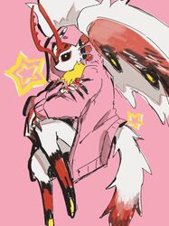  antlers black_sclera chaos_elfilis colored_sclera cosplay fecto_elfilis furry highres hood hoodie horns inkyo_sosui kirby kirby_(cosplay) kirby_(series) kirby_and_the_forgotten_land looking_at_viewer pink_background pink_hoodie sketch star_(symbol) tail white_fur wing_ears yellow_fur 