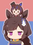  2girls :d animal_ears bare_shoulders black_hat black_jacket blue_background blue_dress blue_hair blush_stickers brown_hair chibi daiichi_ruby_(flowing_blue)_(umamusume) daiichi_ruby_(umamusume) daitaku_helios_(joyful_jamboree!)_(umamusume) daitaku_helios_(umamusume) dress fang gomashio_(goma_feet) hat horse_ears jacket jitome long_hair mini_hat mini_person mini_top_hat minigirl multicolored_hair multiple_girls on_head pink_background purple_hair sleeveless sleeveless_dress smile streaked_hair tilted_headwear top_hat two-tone_background umamusume upper_body violet_eyes |_| 