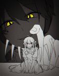  1boy 1girl bow dark_konoha dress fingernails greyscale hair_bow hairband headphones highres kagerou_project konoha_(kagerou_project) koyon kozakura_marry mini_person minigirl monochrome outer_science_(vocaloid) parted_lips puffy_short_sleeves puffy_sleeves red_eyes scales short_sleeves sidelocks size_difference slit_pupils smile wings yellow_eyes 