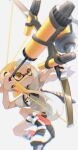  05_ruri 1girl aiming asymmetrical_hair bike_shorts black_shorts blonde_hair boots bow_(weapon) braid eyebrow_cut full_body highres holding holding_bow_(weapon) holding_weapon ink_tank_(splatoon) inkling inkling_girl inkling_player_character jumping long_hair looking_ahead multicolored_footwear outstretched_arms pointy_ears shirt shorts single_braid smile solo splatoon_(series) splatoon_3 tentacle_hair tri-stringer_(splatoon) very_long_hair weapon white_background white_footwear white_shirt yellow_eyes 