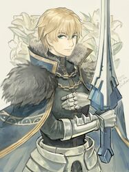  1boy armor black_shirt blonde_hair blue_cape cape chain closed_mouth dated fate/grand_order fate_(series) fon-due_(fonfon) gauntlets gawain_(fate) grey_background holding holding_sword holding_weapon looking_at_viewer male_focus shirt short_hair signature solo sword weapon 