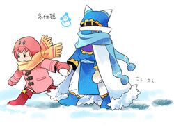  2boys animal_ears baggy_pants belt belt_buckle belt_collar blue_belt blue_eyes blue_footwear blue_robe blue_scarf blush_stickers boots buckle character_hood child chilly_(kirby) cloak closed_mouth coat collar collared_cloak commentary_request covered_mouth ear_covers floating_clothes footprints fringe_trim full_body fur-trimmed_cloak fur_trim gear_print gloves high_collar holding_hands hood hood_up hooded_coat hooded_robe kirby kirby_(series) knee_boots long_sleeves magolor male_focus mato_(mozu_hayanie) multiple_boys pants personification pink_coat pink_gloves pink_hair pink_shorts pocket pom_pom_(clothes) rayman_limbs red_footwear robe scarf short_hair shorts single_blush_sticker smile snow snowman solid_oval_eyes star_(symbol) translation_request walking white_background white_cloak white_gloves white_pants winter_clothes winter_coat yellow_eyes yellow_scarf 