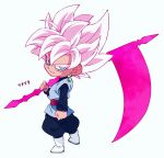  1boy black_pants black_shirt boots chibi dragon_ball dragon_ball_super earrings energy_blade from_behind goku_black grey_tunic highres holding holding_scythe holding_weapon jewelry komesan_0212 long_sleeves looking_at_viewer looking_back looking_to_the_side male_focus medium_hair over_shoulder pants pink_hair potara_earrings scythe shirt simple_background single_earring smug solo super_saiyan super_saiyan_rose violet_eyes weapon weapon_over_shoulder white_footwear 