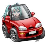  1girl artist_name blue_eyes blue_hair car convertible detached_sleeves driving grey_shirt hatsune_miku highres licking_lips motor_vehicle noerartworks red_car shadow shirt simple_background sleeveless sleeveless_shirt solo suzuki_(company) suzuki_cappuccino tongue tongue_out twintails vehicle_focus vocaloid white_background 