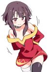  &gt;:) 1girl arms_behind_back bandaged_leg bandages bare_shoulders black_thighhighs blunt_bangs blush_stickers bright_pupils brown_hair closed_mouth commentary cowboy_shot dress kono_subarashii_sekai_ni_shukufuku_wo! looking_at_viewer megumin motion_lines no_headwear noyama_takenoko off-shoulder_dress off_shoulder red_dress red_eyes short_dress short_hair_with_long_locks simple_background single_thighhigh smile smug solo thigh-highs tsurime v-shaped_eyebrows white_background zettai_ryouiki 