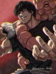  1boy black_hair cowboy_shot demon fushiguro_touji highres jujutsu_kaisen kamatanu_free looking_at_viewer male_focus mature_male muscular muscular_male over_shoulder pectorals reaching reaching_towards_viewer scar scar_on_face scar_on_mouth shirt short_hair smile smirk solo sword sword_over_shoulder taut_clothes taut_shirt weapon weapon_over_shoulder 