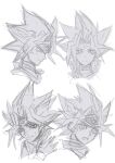 1boy belt_collar bracelet bright_pupils closed_mouth collar cropped_shoulders frown gokunobaka grimace jewelry male_focus monochrome multiple_views open_mouth simple_background sketch spiky_hair white_pupils yami_yugi yu-gi-oh! yu-gi-oh!_duel_monsters 