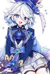  1girl :d absurdres ahoge ascot black_gloves blue_ascot blue_bow blue_eyes blue_gemstone blue_hair blue_hat blue_jacket blue_ribbon blush bow cowboy_shot drop-shaped_pupils furina_(genshin_impact) gem genshin_impact gloves hair_between_eyes hat hat_bow hat_ribbon heterochromia highres hydro_symbol_(genshin_impact) jacket kodona light_blue_hair lolita_fashion long_hair long_sleeves looking_at_viewer morumoru_x multicolored_hair ribbon shorts sitting smile solo streaked_hair symbol-shaped_pupils thigh_strap very_long_hair vision_(genshin_impact) white_gloves white_hair white_shorts 