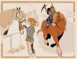  1boy blonde_hair blue_shirt champion&#039;s_tunic_(zelda) commentary eclrr english_commentary highres holding holding_shield holding_weapon horse horseback_riding link male_focus multiple_views pointy_ears ponytail riding shield shirt short_ponytail sidelocks smile the_legend_of_zelda the_legend_of_zelda:_breath_of_the_wild the_legend_of_zelda:_tears_of_the_kingdom weapon 