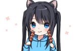  1girl animal_ears anz32 bad_source black_hair blue_eyes blue_shirt blush cat_ears chibi closed_mouth dog_girl dot_nose eating food hair_between_eyes long_hair long_sleeves looking_at_viewer lowres original shirt simple_background smile solo twintails umi_(anz32) upper_body white_background 