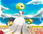  aoguma_(jtpa4525) blue_sky bob_cut clouds colored_skin dress elbow_gloves field flower flower_field gardevoir gloves green_hair hair_over_one_eye horns kirlia looking_at_viewer looking_back mawile mega_gardevoir mega_pokemon multicolored_skin ocean pink_eyes pokemon pokemon_(creature) sidelocks sky smile strapless strapless_dress two-tone_skin white_dress white_gloves white_skin yellow_skin 