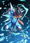  absurdres ash-greninja bright_pupils commentary_request fish.boy full_body greninja highres holding kunai pokemon pokemon_(creature) red_eyes solo tongue_scarf water water_drop weapon white_pupils 
