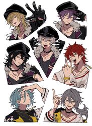  6+boys amagi_rinne aoi_(yooo009) aqua_hair black_choker black_gloves black_hair black_jacket blonde_hair blue_eyes brown_eyes choker claw_pose collarbone ensemble_stars! gloves grey_hair grin hair_between_eyes hakaze_kaoru hand_on_own_chest hat highres himeru_(ensemble_stars!) jacket jewelry long_sleeves looking_at_viewer male_focus military_hat multiple_boys necklace non-web_source ogami_koga one_eye_closed open_clothes open_mouth otogari_adonis piercing purple_hair red_eyes redhead sakuma_rei_(ensemble_stars!) shiina_niki shirt short_hair simple_background smile teeth tongue tongue_out upper_body white_background yellow_eyes 