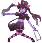  1girl :d bag between_fingers black_hair black_shirt black_thighhighs bmp-to-png_conversion chrome_(mon-musu_quest!) colored_skin crop_top cross demon_girl full_body game_cg glowing_horns hacksaw hair_between_eyes hat holding holding_syringe horizontal-striped_thighhighs horns knees_together_feet_apart long_hair looking_at_viewer lowres midriff mon-musu_quest! navel non-web_source nurse_cap open_mouth outstretched_arms pink_eyes pink_horns pink_thighhighs puffy_short_sleeves puffy_sleeves purple_footwear purple_skin red_cross ringed_eyes saw shirt short_sleeves shorts shoulder_bag simple_background smile solo striped_clothes striped_thighhighs suspender_shorts suspenders syringe thigh-highs transparent_background twintails un_do v-shaped_eyebrows v-shaped_eyes 