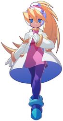  1girl alternate_costume black_bodysuit blonde_hair blue_eyes bodysuit bodysuit_under_clothes ciel_(mega_man) coat hashtag-only_commentary helmet hi-go! high-waist_skirt high_ponytail highres long_hair mega_man_(series) mega_man_zero_(series) pink_helmet pink_shirt pink_skirt shirt simple_background skirt solo white_background white_coat 