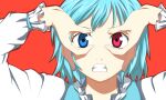  1girl anime_coloring blue_eyes blue_hair blue_vest derivative_work evandragon heterochromia highres long_sleeves looking_at_viewer medium_hair open_mouth red_background red_eyes shirt simple_background solo tatara_kogasa teeth touhou upper_body vest white_shirt 