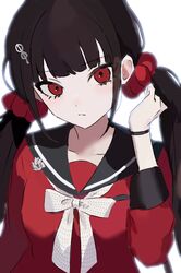  1girl black_sailor_collar bow bowtie danganronpa_(series) danganronpa_v3:_killing_harmony hair_ornament hair_scrunchie hairclip harukawa_maki light_frown long_sleeves low_twintails mole mole_under_eye na_na_(nagi1895685) red_eyes red_scrunchie red_shirt sailor_collar scrunchie shirt simple_background solo twintails upper_body white_background white_bow white_bowtie 