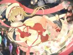  1girl arm_ribbon ascot blonde_hair closed_mouth collared_shirt crystal flandre_scarlet flower frilled_shirt_collar frilled_skirt frills from_side full_body hat long_hair looking_at_viewer looking_to_the_side mary_janes mob_cap multicolored_wings one_side_up pink_flower pink_nails red_eyes red_footwear red_nails red_ribbon red_skirt red_vest ribbon shirotsuna shirt shoe_soles shoes skirt skirt_set socks solo touhou vest white_flower white_hat white_shirt white_socks wings wrist_cuffs yellow_ascot 