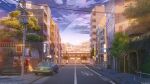  3d apartment balcony bridge building car city clouds contrail cumulonimbus_cloud evening highres mixed-language_commentary motor_vehicle no_humans original outdoors power_lines railing road road_sign scenery shrine sidewalk sign sitai_xiii sky stairs summer sunset traffic_mirror tree utility_pole window 