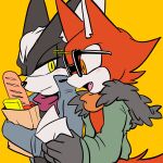  2boys :d animal_ears animal_nose artist_name avatar_(sonic_forces) bag baguette black_fur black_gloves blue_jacket blush bread closed_mouth fang fangs food fur-trimmed_jacket fur_trim furry furry_male glasses gloves green_jacket groceries grocery_bag highres holding holding_bag holding_paper infinite_(sonic) jackal_boy jackal_ears jacket kirunix long_sleeves looking_at_another male_focus multicolored_fur multiple_boys open_clothes open_jacket open_mouth orange_eyes orange_scarf paper paper_bag red_fur red_scarf scarf shopping_bag simple_background smile sonic_(series) sonic_forces tail two-tone_fur upper_body white_fur wolf_boy wolf_ears wolf_tail yellow_background yellow_eyes 
