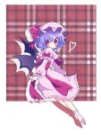  1girl arm_behind_back back_bow bat_wings blush_stickers border bow double-parted_bangs dress drop_shadow frilled_bow frilled_dress frills full_body hair_between_eyes hat hat_bow heart mob_cap pink_dress pink_shawl plaid plaid_background purple_hair red_bow red_eyes remilia_scarlet shawl sleeve_bow smile socks touhou tsugomori_(remilia0398) tsurime white_border wings 