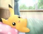  animal_ears bedroom dot_nose happy open_window pemyu pikachu pillow pokemon pokemon_(creature) smile solo sun tree window 