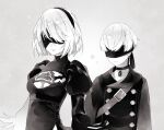  1boy 1girl 2b_(nier:automata) 9s_(nier:automata) blindfold breasts choker commentary_request covered_eyes dress greyscale jacket malt_40 monochrome nier:automata nier_(series) short_hair small_breasts upper_body 